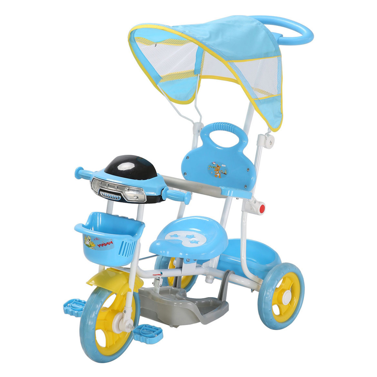 Triciclo Infantil Com Empurrador Pedal Cesta Azul Motoca