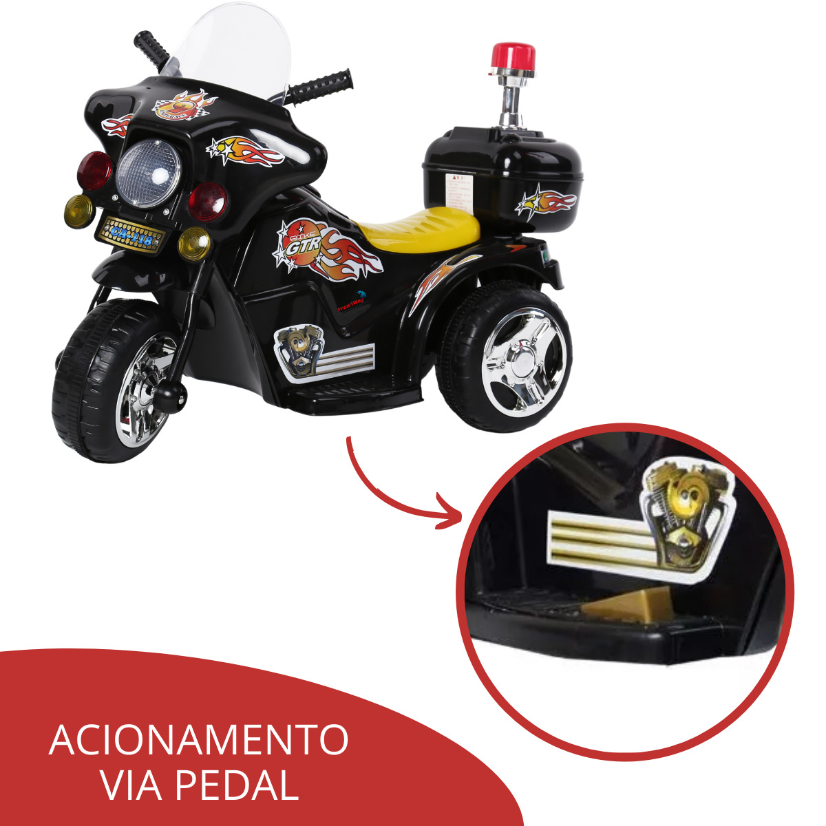 Mini Moto Elétrica Infantil Preta para Criança Modelo Polícia