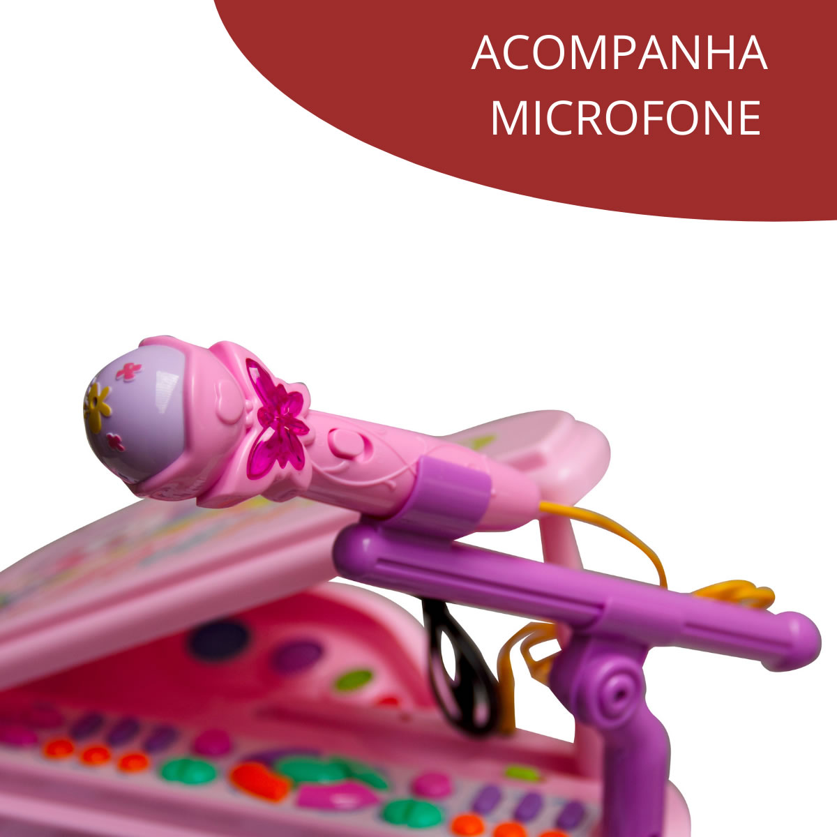 Piano Teclado Infantil Com Microfone Suporte Banquinho Show Cor Rosa