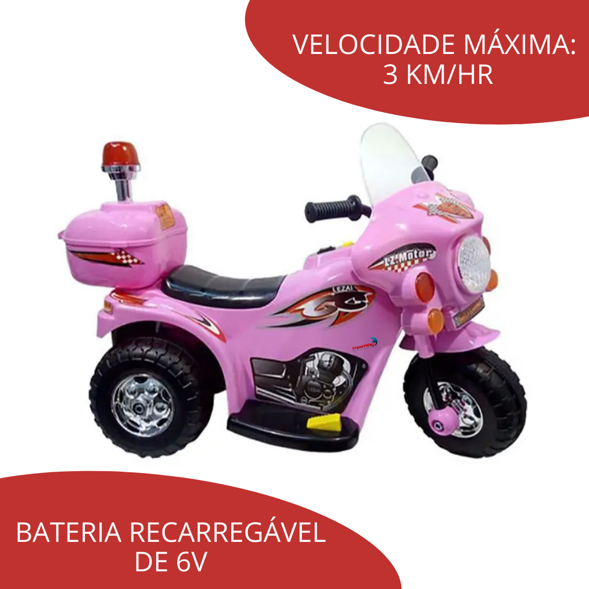 Mini Moto Elétrica Infantil Triciclo Criança Bateria 6V Importway BW002-R  Rosa Polícia Bivolt - BEST SALE SHOP