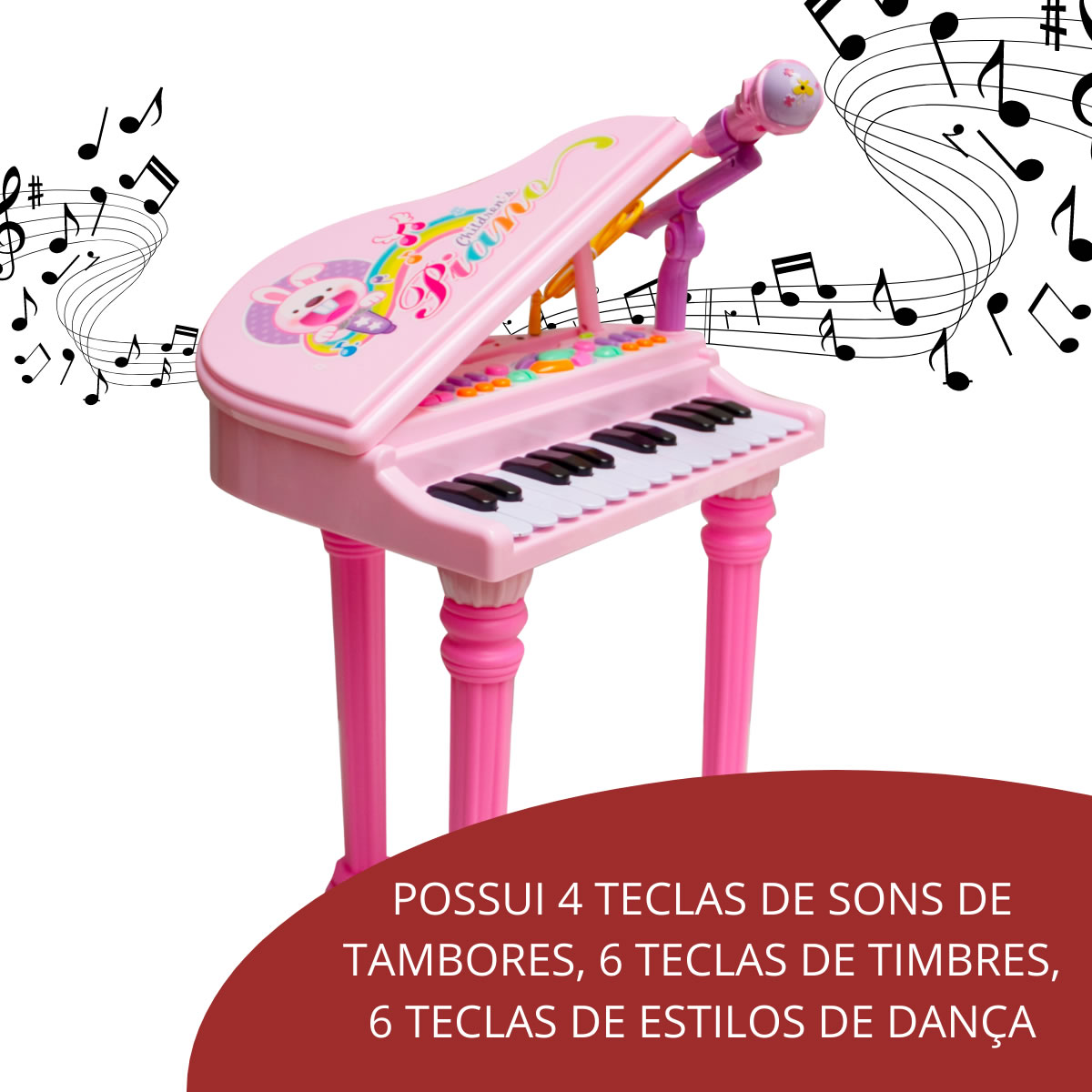 Teclado Infantil Musical Vermelho 31 Teclas 4 Sons Tambores Importway
