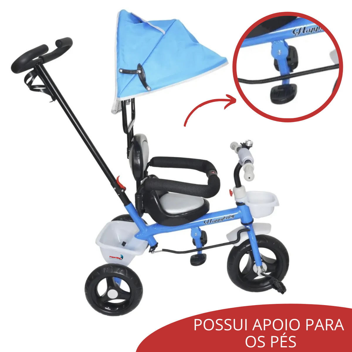 Triciclo Infantil Empurrador Com Capota Azul BW084AZ