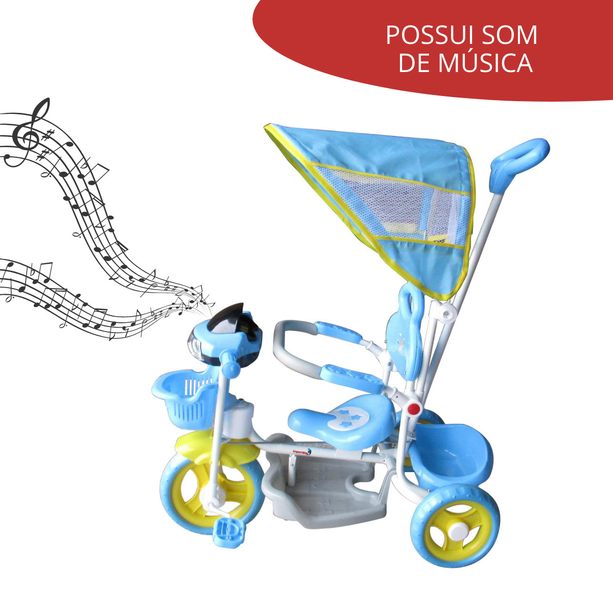 Triciclo Infantil com Empurrador Pedal Cesta Azul Motoca em