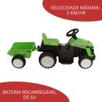 Carrinho Mini Trator Infantil Elétrico Verde 6v Com Reboque BW079VD - 4