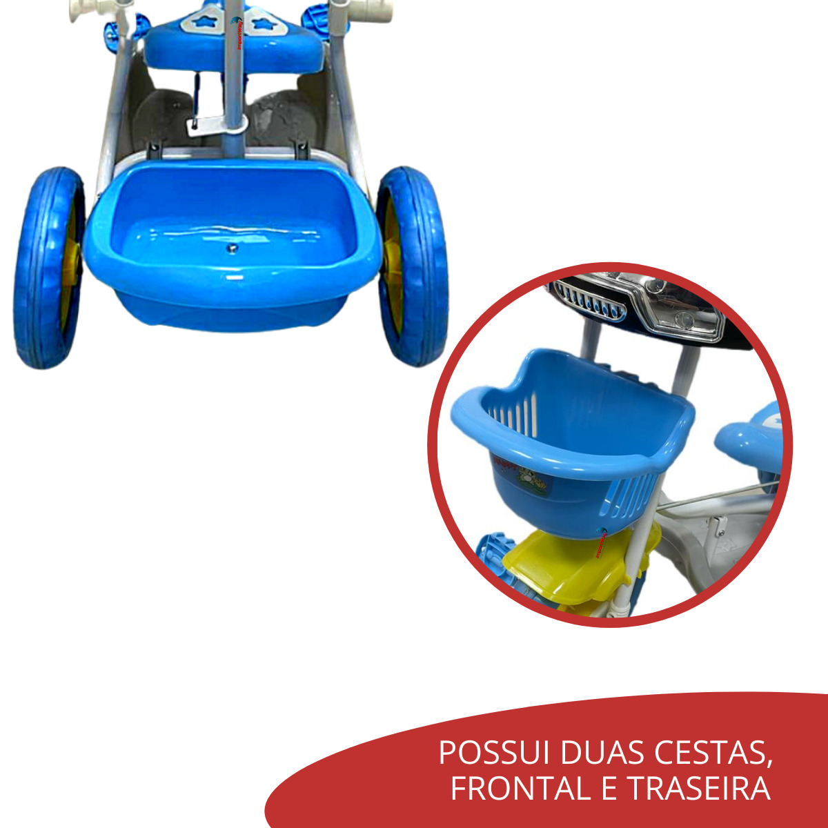 Triciclo Infantil Com Empurrador Pedal Cesta Azul Motoca