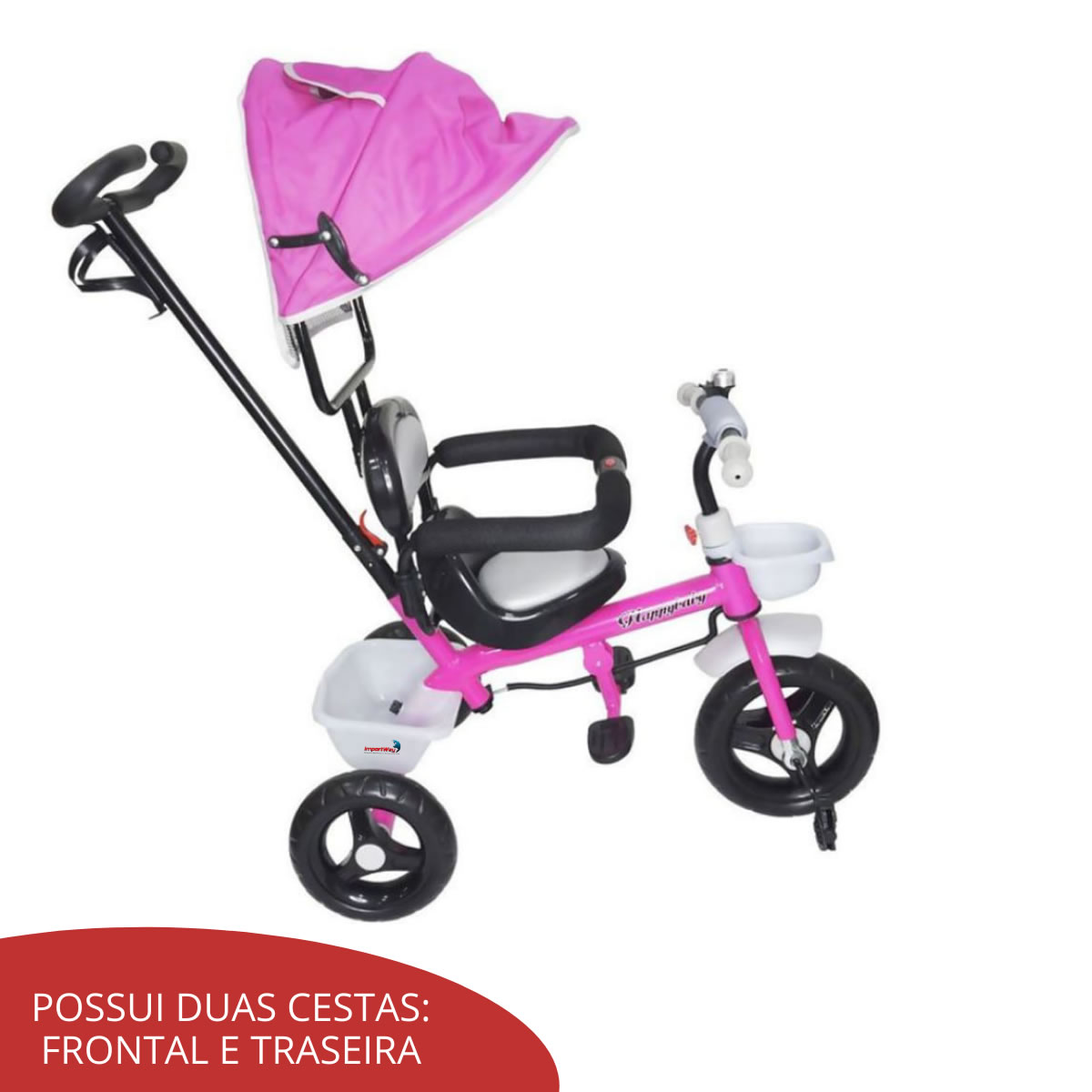 Triciclo Motoca Infantil Passeio Rosa com Empurrador e Cobertura BW003-R  IMPORTWAY