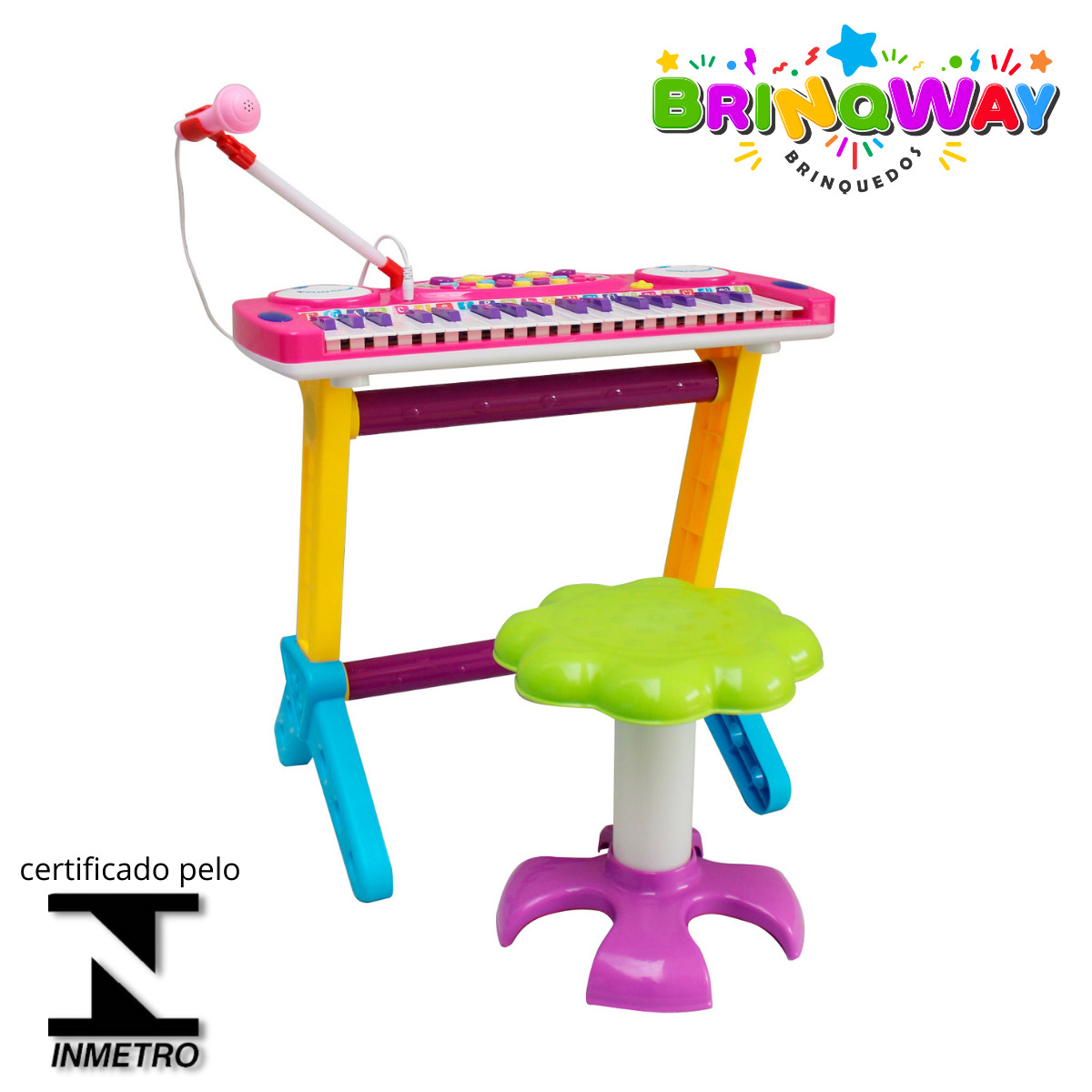 Piano Infantil Musical Microfone E Banquinho Função Gravação Cor Rosa Pilha