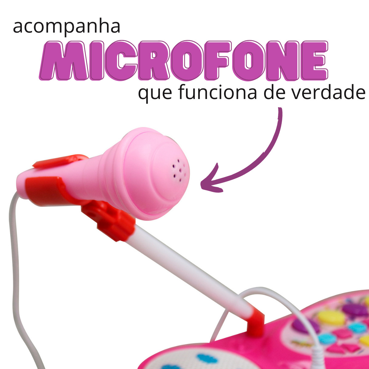 PIANO TECLADO ROSA INFANTIL + MICROFONE + BANQUINHO - MC4215