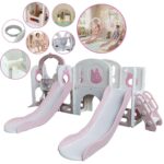 Playground Infantil 7 Em 1 Com Dois Escorregadores, Balanço, Cesta de Basquete, Telescópio, Ponte, Espaço Multifuncional inferior e Reprodutor de Música Rosa - BW468RS - 1