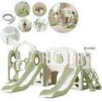 Playground Infantil 7 Em 1 Com Dois Escorregadores, Balanço, Cesta de Basquete, Telescópio, Ponte, Espaço Multifuncional inferior e Reprodutor de Música Verde - BW468VD - 1