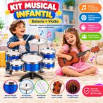 Kit Musical Instrumentos Mini Bateria E Violão Infantil Azul - BW559AZ - 4