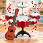 Kit Música Instrumento Mini Bateria Violão Infantil Vermelho - BW599VM - 9